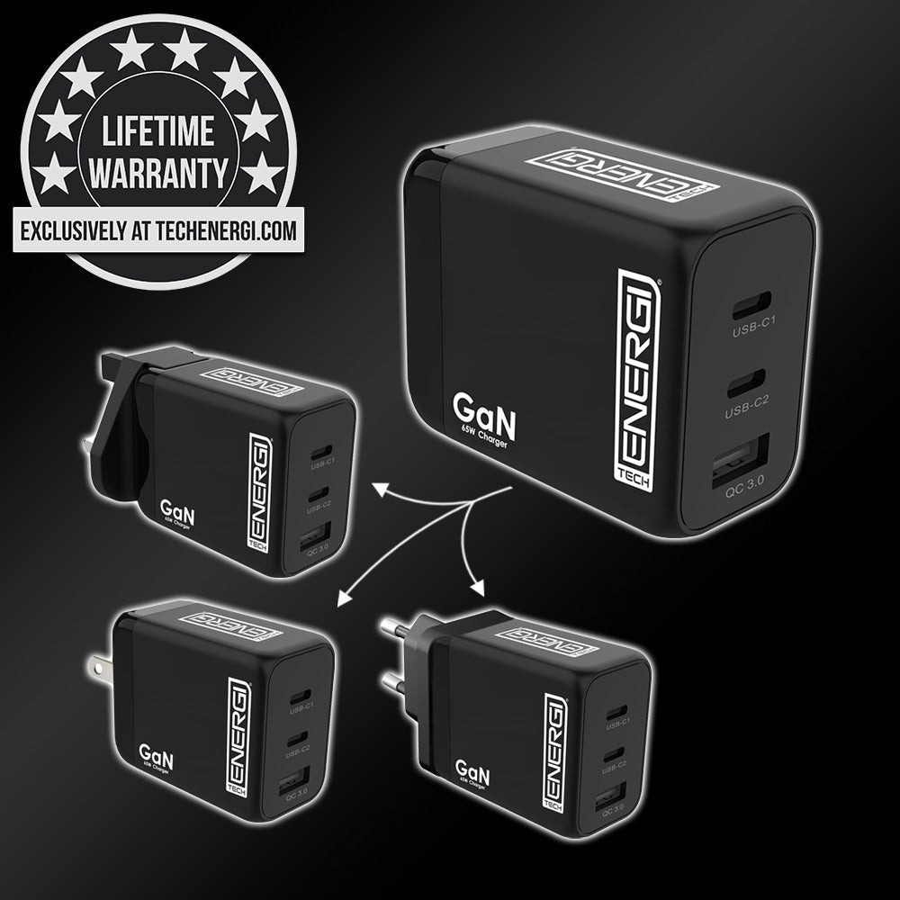 Tech Energi® 65W QC USB-A/Dual PD USB-C Triple Travel Mains Charger