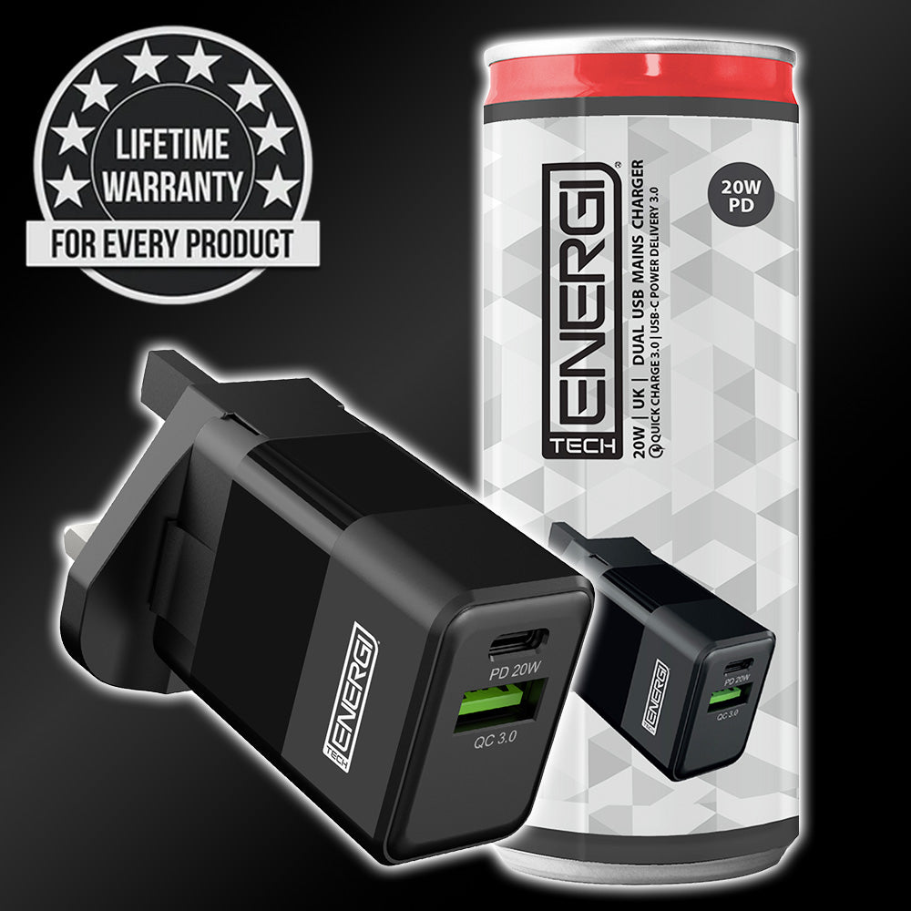 Tech Energi® 38W QC/PD Dual USB/USB-C UK/US Mains Charger