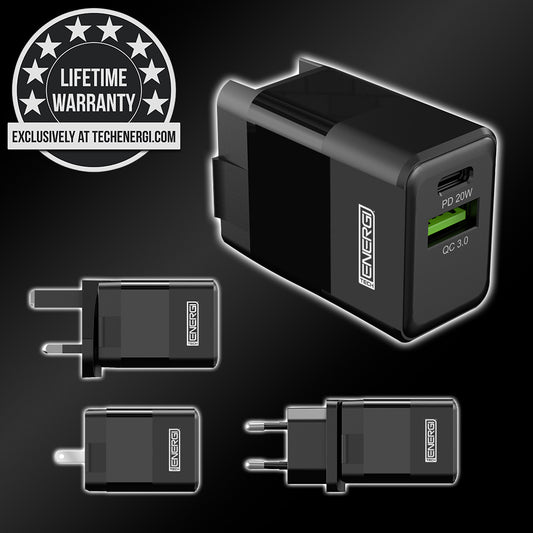 Tech Energi® 20W 3A PD Dual USB/USB-C Travel Mains Charger