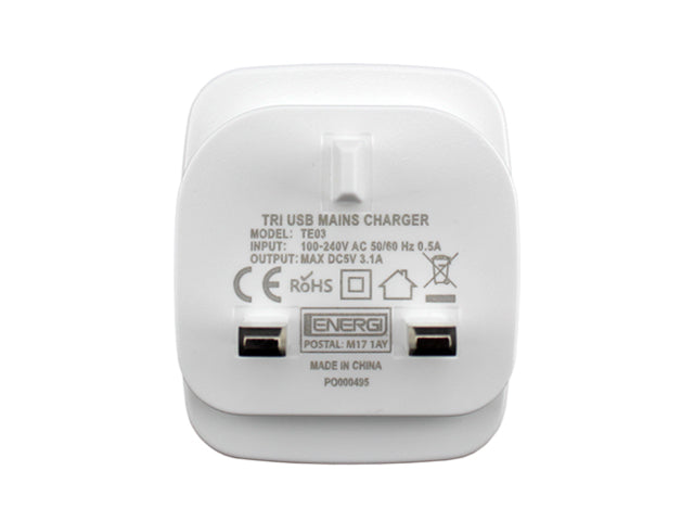 Tech Energi® 3.1Amp Triple USB UK Mains Charger