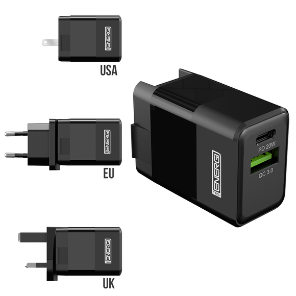 Tech Energi® 20W 3A PD Dual USB/USB-C Travel Mains Charger